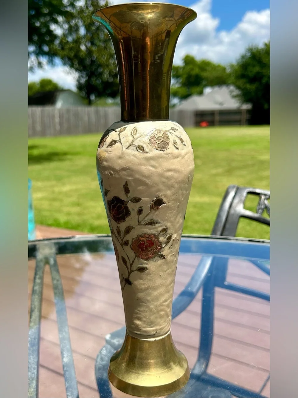 Vintage Enameled Brass Rose Bud Vase 70s India Cloisonne Style - Picture 2 of 12